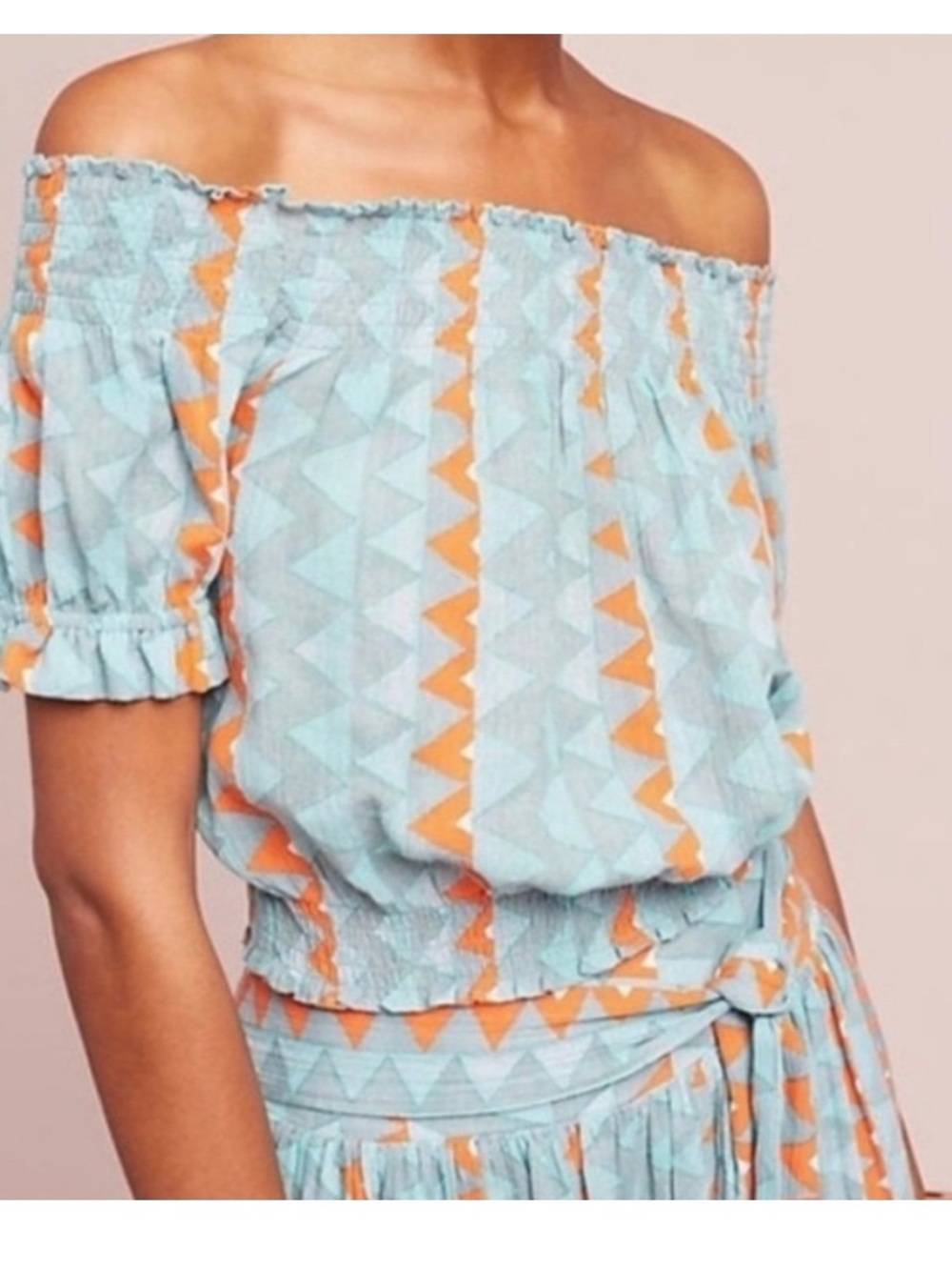 Feather & Bone Anthropolgie Demetria Smocked Blue/Orange Off The Shoulder Top XS